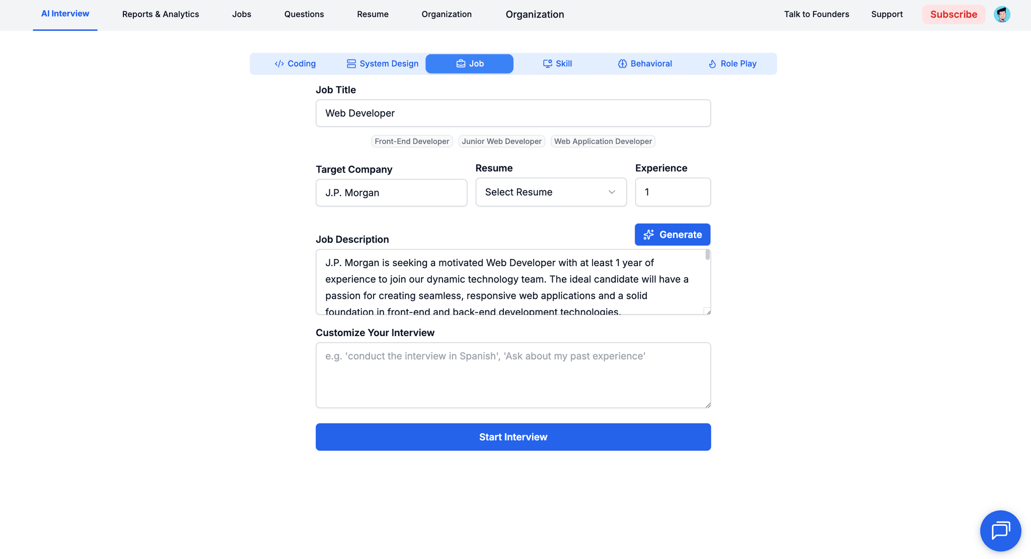 Practice Interviews with AI on Any Job Role or Subject
