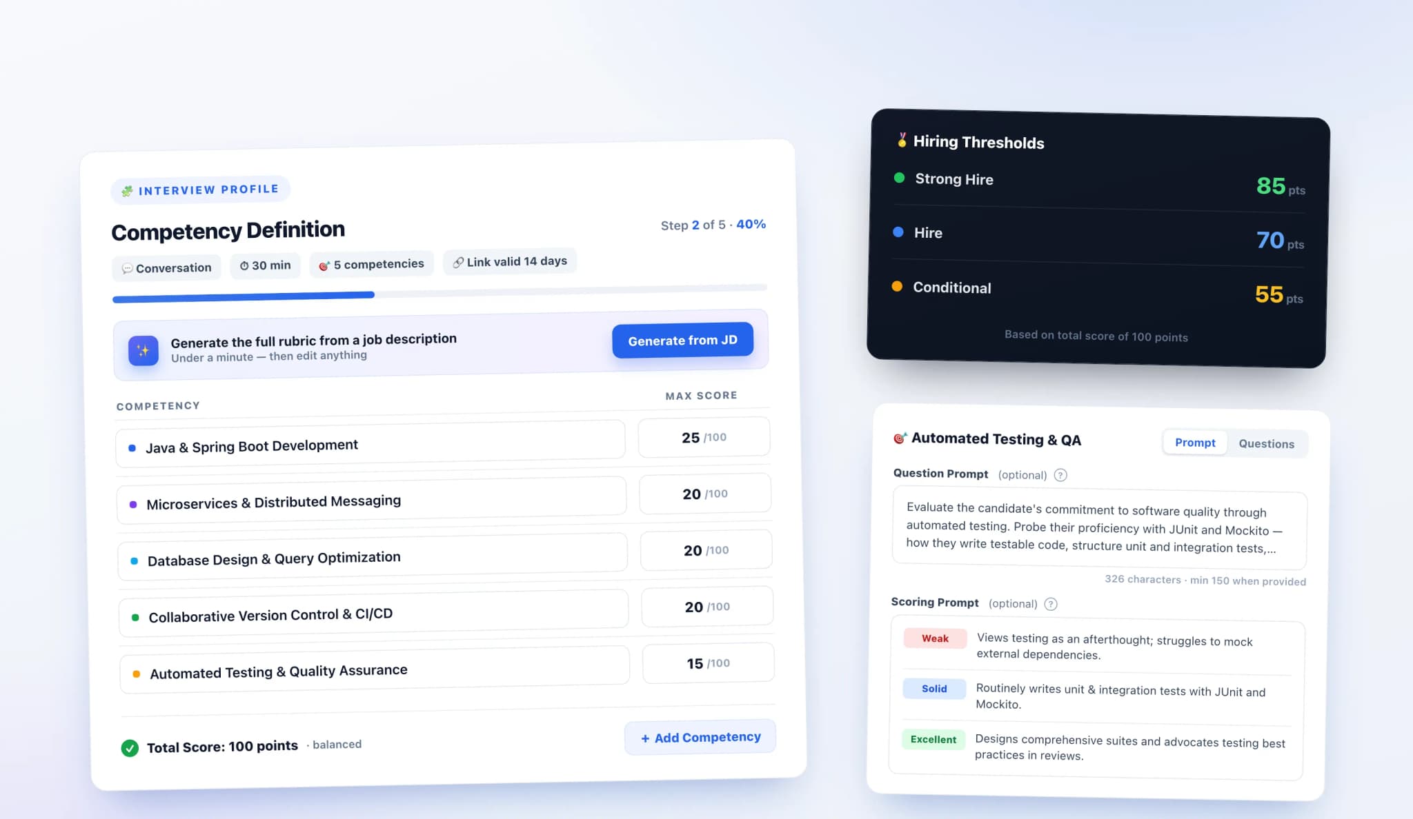 Skillora custom question set and rubric builder